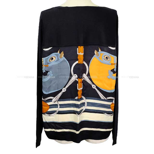 [Pre-loved] HERMES Knit Women's Twillaine Long Sleeve Tartan Marine Cashmere/Silk #42[LIKE NEW][Authentic]