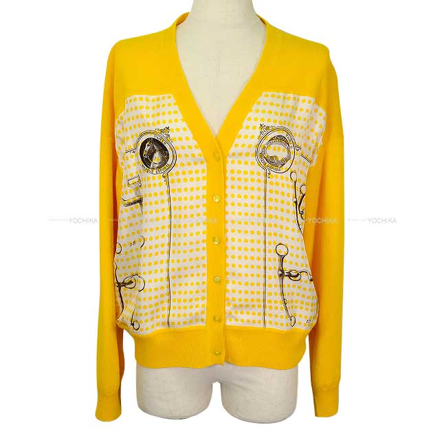 HERMES Cardigan Women's Twillaine Mors de Selle Jaune Cashmere/Silk #40[EXCELLENT][Authentic]