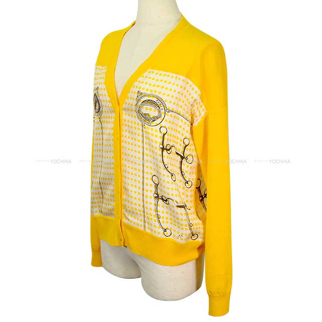 HERMES Cardigan Women's Twillaine Mors de Selle Jaune Cashmere/Silk #40[EXCELLENT][Authentic]