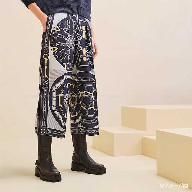 2024AW HERMES Pants Women's Twill Laine Kaleidoscope Effect Cropped pajamas Pants Navy Silk 42[BRAND NEW][Authentic]