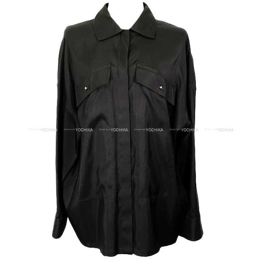 HERMES Long sleeve shirt Women's Medor Studded Pocket Noir (Black) Silk 38[EXCELLENT][Authentic]