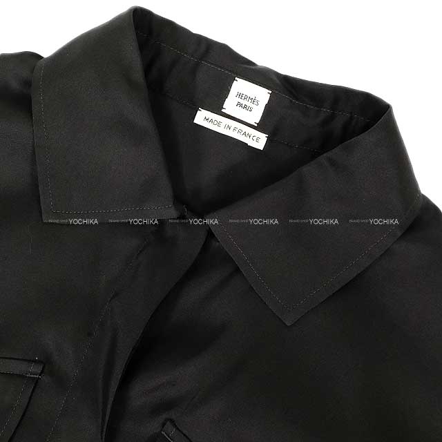 HERMES Long sleeve shirt Women's Medor Studded Pocket Noir (Black) Silk 38[EXCELLENT][Authentic]