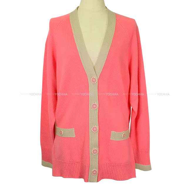 [Pre-loved] CHANEL Cardigan Women's Long Sleeve Flower COCO Button Bicolor Belt Pink/Gray Cashmere #42 P53235[LIKE NEW][Authentic]