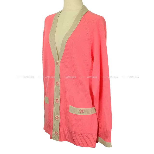 [Pre-loved] CHANEL Cardigan Women's Long Sleeve Flower COCO Button Bicolor Belt Pink/Gray Cashmere #42 P53235[LIKE NEW][Authentic]