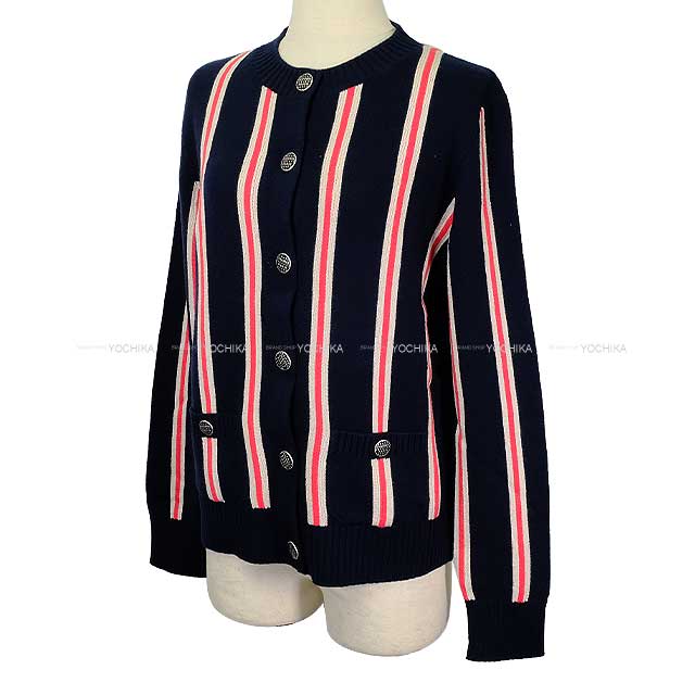 CHANEL Cardigan Women's Long Sleeve Stripe Navy/White/Red Cashmere #42 P54804[EXCELLENT][Authentic]