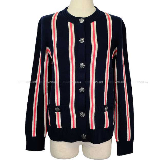 CHANEL Cardigan Women's Long Sleeve Stripe Navy/White/Red Cashmere #42 P54804[EXCELLENT][Authentic]