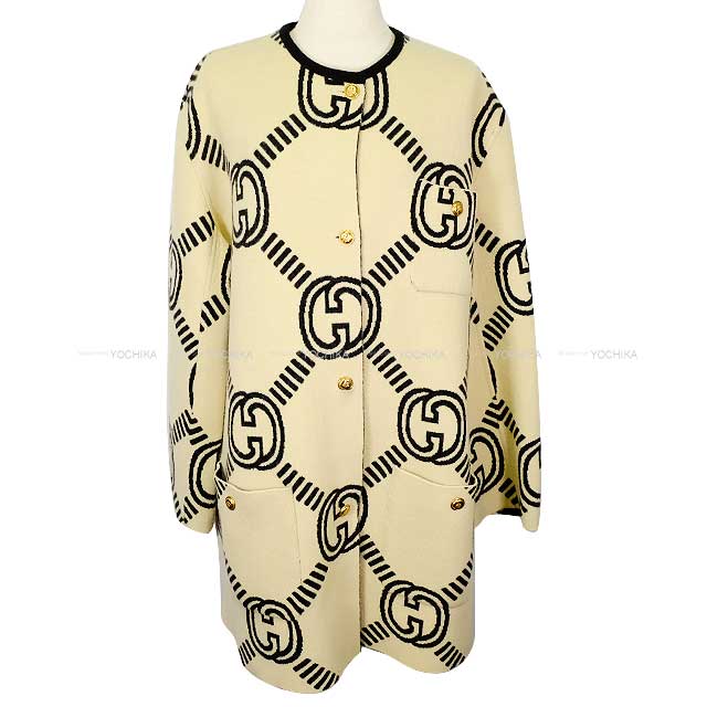 2023AW GUCCI Cardigan Women's Reversible GG Interlocking Jacquard Half Coat Ivory/Gray Wool #M Gold HW 678318[EXCELLENT][Authentic]