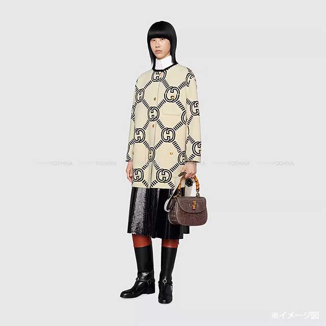 2023AW GUCCI Cardigan Women's Reversible GG Interlocking Jacquard Half Coat Ivory/Gray Wool #M Gold HW 678318[EXCELLENT][Authentic]