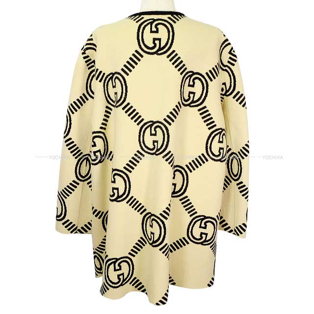 2023AW GUCCI Cardigan Women's Reversible GG Interlocking Jacquard Half Coat Ivory/Gray Wool #M Gold HW 678318[EXCELLENT][Authentic]