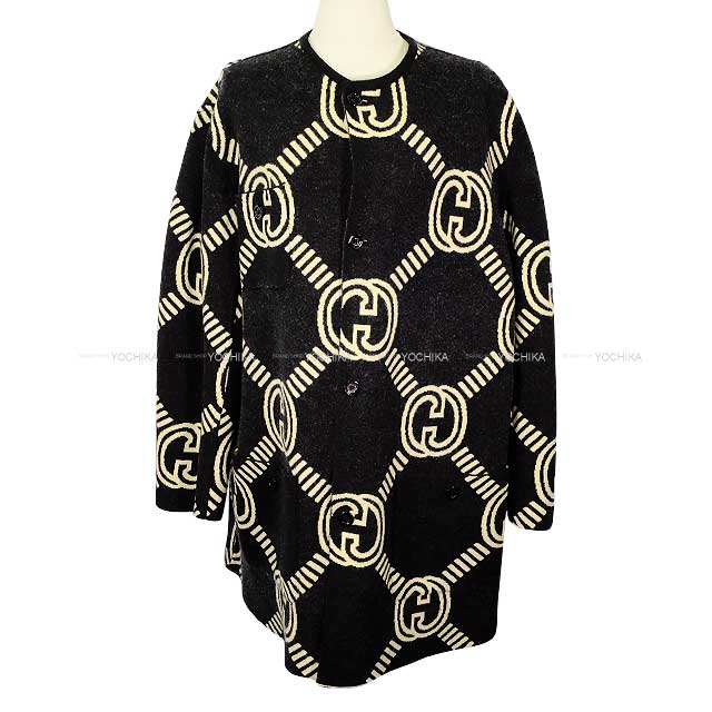 2023AW GUCCI Cardigan Women's Reversible GG Interlocking Jacquard Half Coat Ivory/Gray Wool #M Gold HW 678318[EXCELLENT][Authentic]