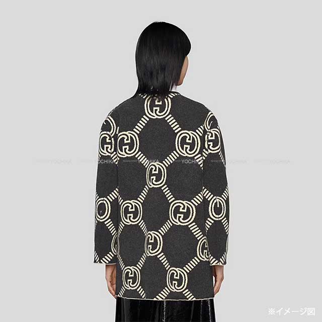 2023AW GUCCI Cardigan Women's Reversible GG Interlocking Jacquard Half Coat Ivory/Gray Wool #M Gold HW 678318[EXCELLENT][Authentic]