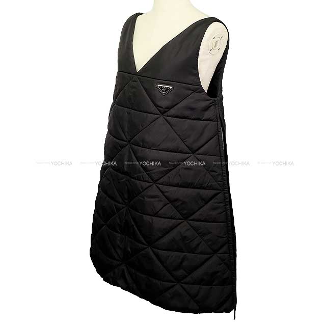 2022SS PRADA One‐piece dress Women's Re-Nylon Quilted Sleeveless Flared Side Zipper Noir (Black) Nyron #42 Silver HW[EXCELLENT][Authentic]