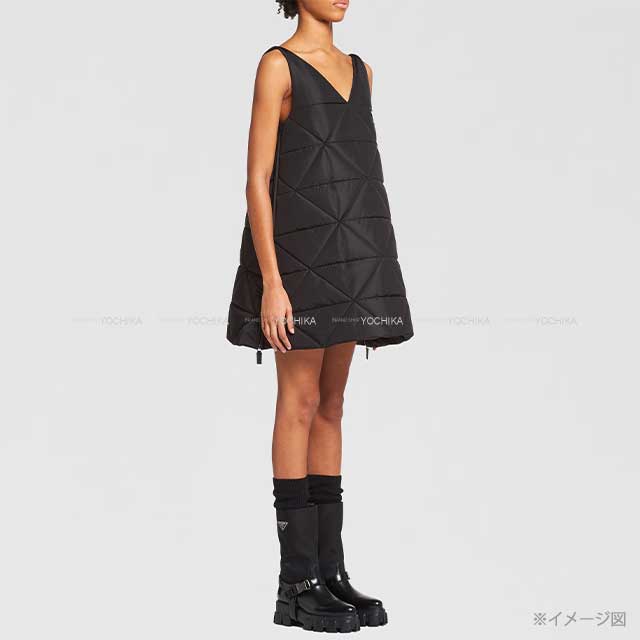 2022SS PRADA One‐piece dress Women's Re-Nylon Quilted Sleeveless Flared Side Zipper Noir (Black) Nyron #42 Silver HW[EXCELLENT][Authentic]