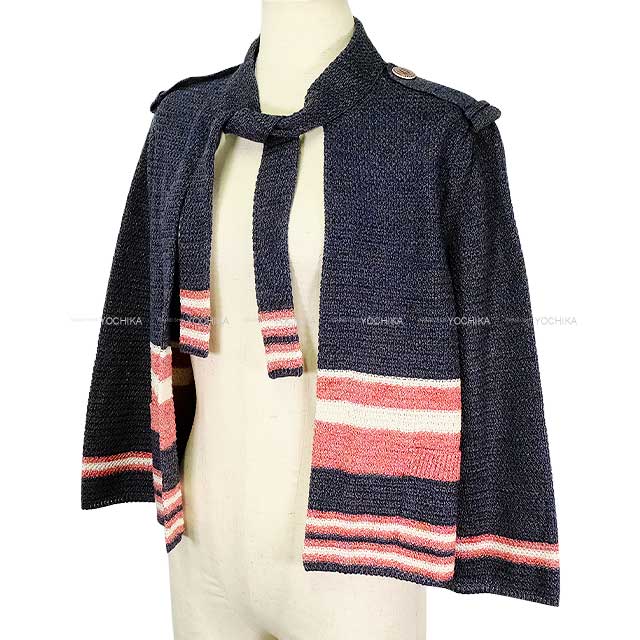 CHANEL Cardigan Women's Border COCO Button Knit Navy/White/Red Paper/Cotton/Silk #42 P53661[EXCELLENT][Authentic]