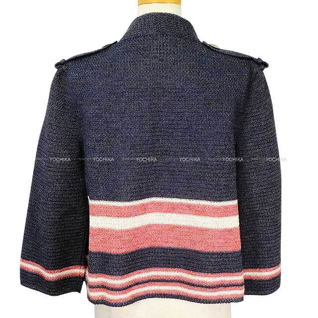 CHANEL Cardigan Women's Border COCO Button Knit Navy/White/Red Paper/Cotton/Silk #42 P53661[EXCELLENT][Authentic]