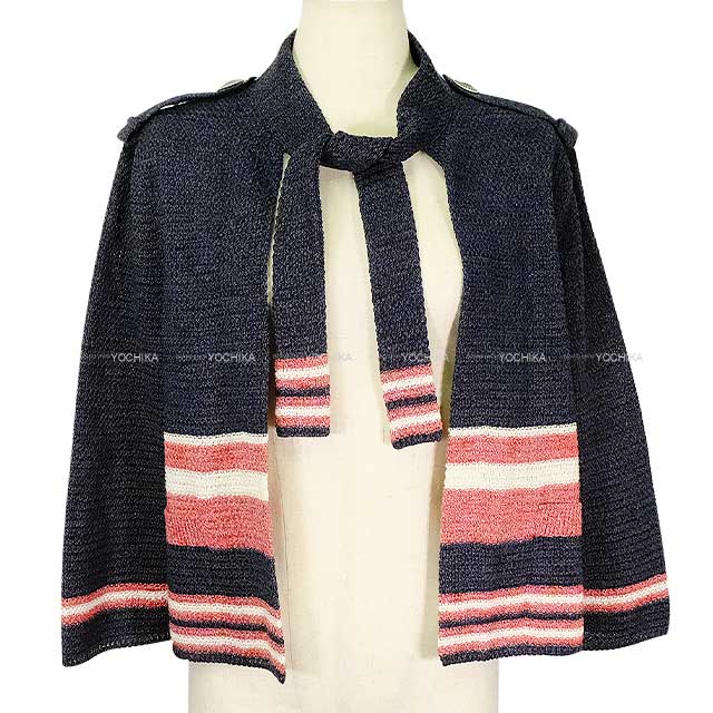 CHANEL Cardigan Women's Border COCO Button Knit Navy/White/Red Paper/Cotton/Silk #42 P53661[EXCELLENT][Authentic]