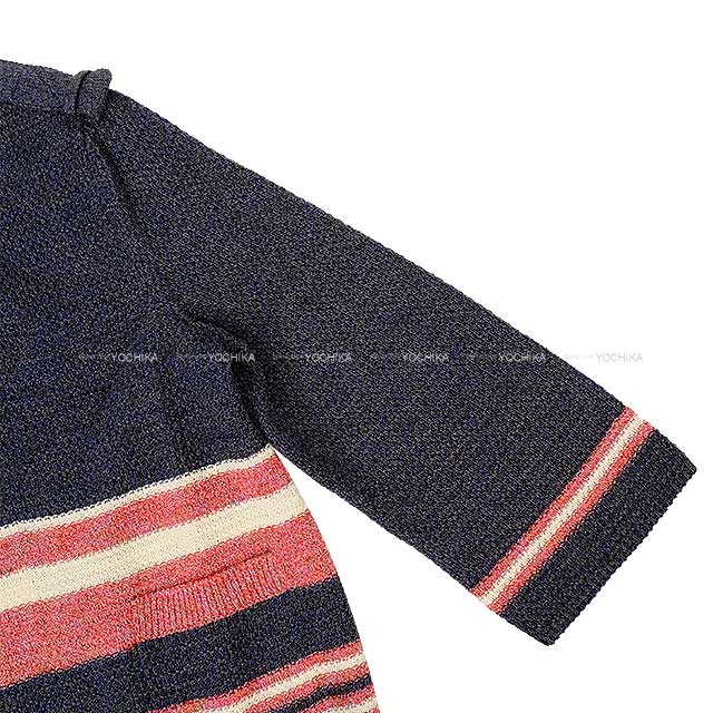 CHANEL Cardigan Women's Border COCO Button Knit Navy/White/Red Paper/Cotton/Silk #42 P53661[EXCELLENT][Authentic]