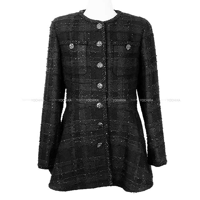 CHANEL Plainly colored jacket Cross Coco Button Flare Middle Camellia Noir (Black) Tweed 34 P74926[BRAND NEW][Authentic]