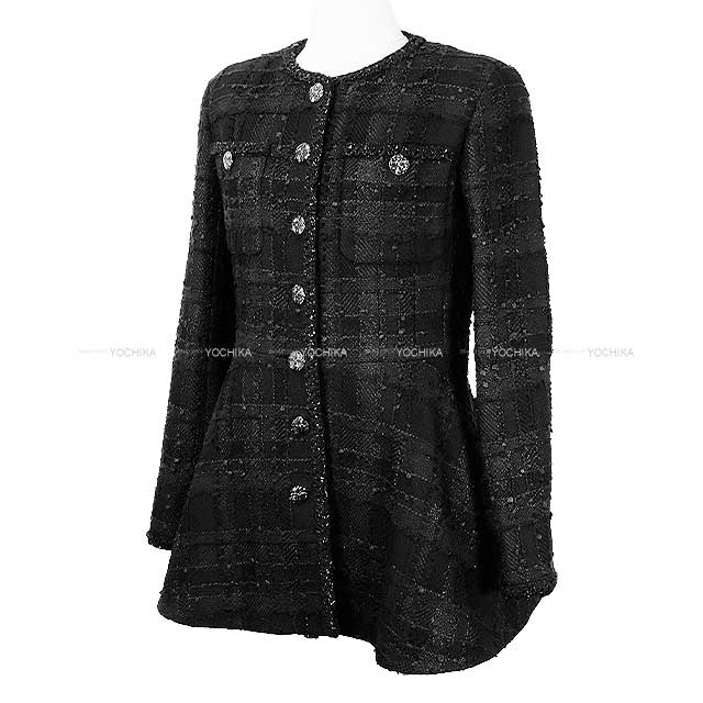 CHANEL Plainly colored jacket Cross Coco Button Flare Middle Camellia Noir (Black) Tweed 34 P74926[BRAND NEW][Authentic]