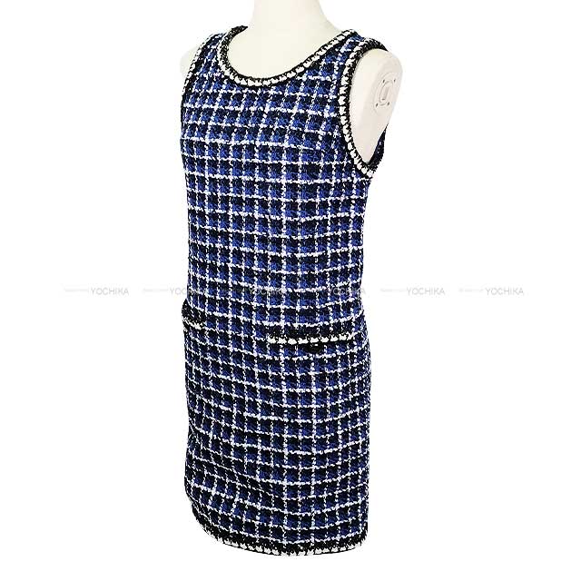 2023SS CHANEL One‐piece dress Ladies Nosleeve COCO Button Camellia Sequins Blue/Black/White Tweed 34 P74450[EXCELLENT][Authentic]