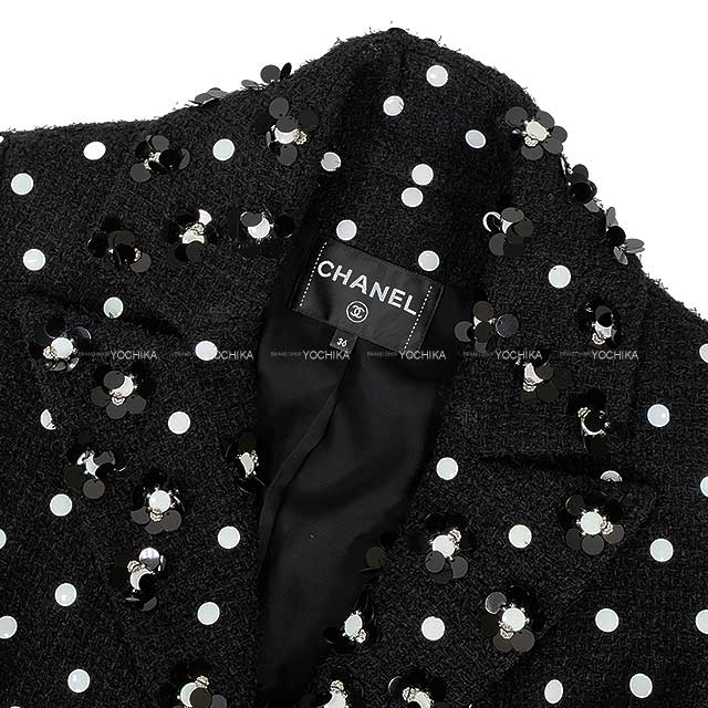 CHANEL Ladies Coat Dots Spangles Bijoux COCO Mark Noir (Black) Rain wool / polyamide / silk #36 P74822[EXCELLENT][Authentic]