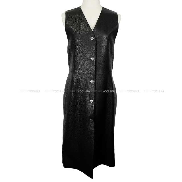 2024SS HERMES Vests Ladies Long Gillet Onepiece Leather Sellier Button Noir (Black) Washed deerskin 36[BRAND NEW][Authentic]