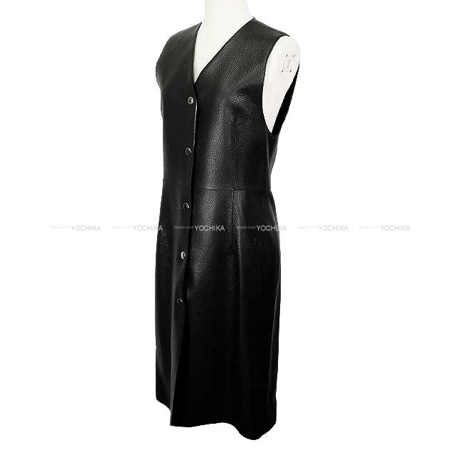 2024SS HERMES Vests Ladies Long Gillet Onepiece Leather Sellier Button Noir (Black) Washed deerskin 36[BRAND NEW][Authentic]