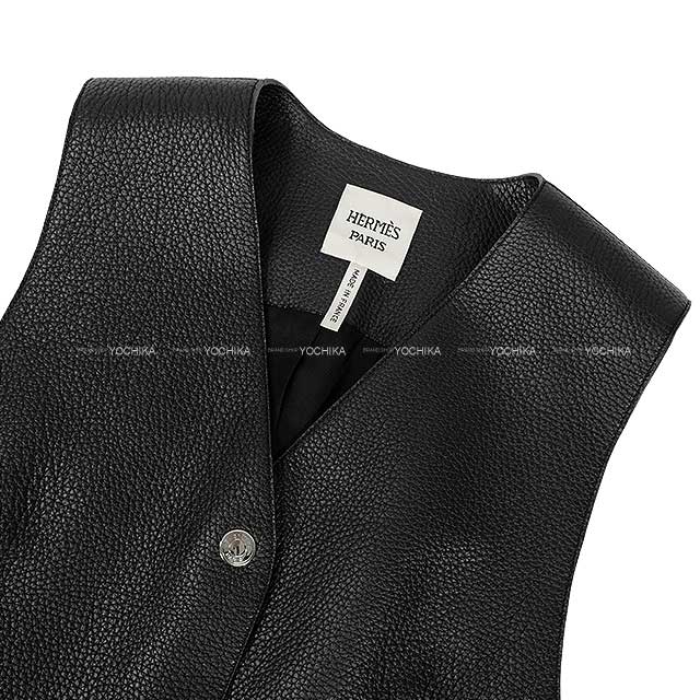 2024SS HERMES Vests Ladies Long Gillet Onepiece Leather Sellier Button Noir (Black) Washed deerskin 36[BRAND NEW][Authentic]