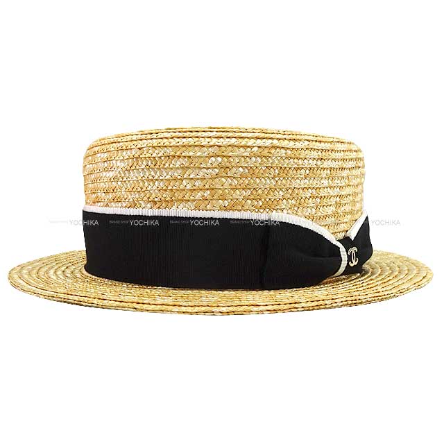 2024AW Pret-a-porter CHANEL hat Coco Mark Ribbon Boater straw Hat Natural/Black raffia S AA9850[BRAND NEW][Authentic]