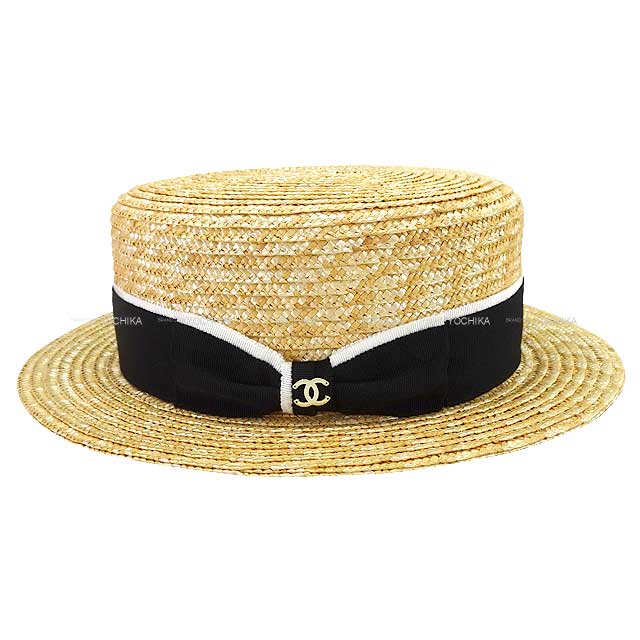 2024AW Pret-a-porter CHANEL hat Coco Mark Ribbon Boater straw Hat Natural/Black raffia AA9850[BRAND NEW][Authentic]