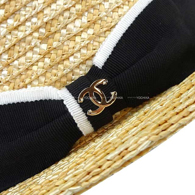 2024AW Pret-a-porter CHANEL hat Coco Mark Ribbon Boater straw Hat Natural/Black raffia S AA9850[BRAND NEW][Authentic]