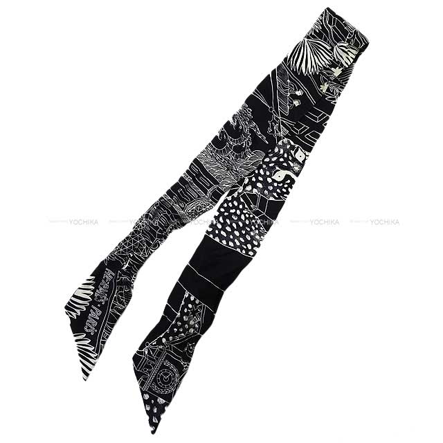 [Pre-loved] HERMES scarf Twilly ANIMA POLIS Noir (Black)/Blanc (White) Silk[USED SA][Authentic]