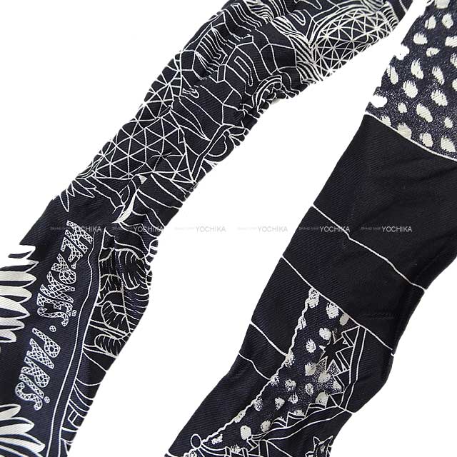 [Pre-loved] HERMES scarf Twilly ANIMA POLIS Noir (Black)/Blanc (White) Silk[USED SA][Authentic]