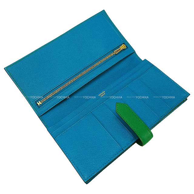 HERMES long wallet Bearn Soufflet Verso Vert Jade/Bleu Zanzibar Veau Epsom Gold HW Stamp W[BRAND NEW][Authentic]