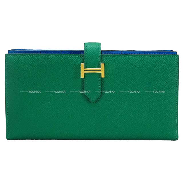 HERMES long wallet Bearn Soufflet Verso Vert Jade/Bleu Zanzibar Veau Epsom Gold HW Stamp W[BRAND NEW][Authentic]