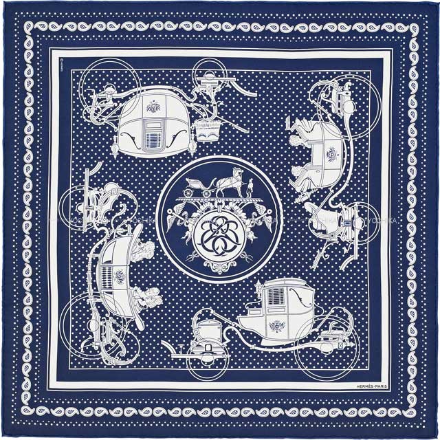 HERMES scarf Bandana Carre 55 Peuple du Vent Bandana Marine/White Silk100%[EXCELLENT][Authentic]