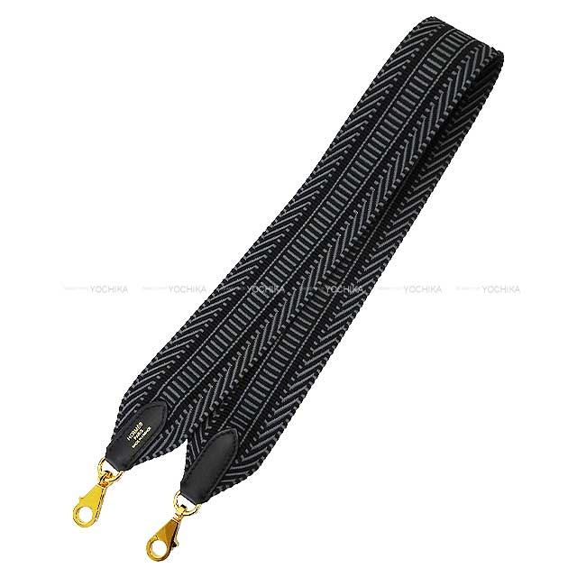 HERMES shoulder strap Bandouliere 50mm 70cm Sangles Caval Noir (Black)/Gris Misty Toile H/Veau Swift Gold HW Stamp W[ALMOST NEW][Authentic]