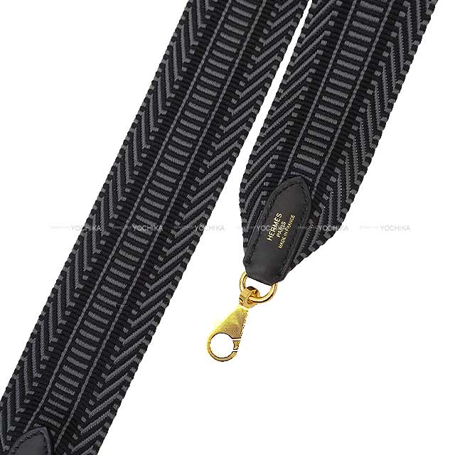 HERMES shoulder strap Bandouliere 50mm 70cm Sangles Caval Noir (Black)/Gris Misty Toile H/Veau Swift Gold HW Stamp W[ALMOST NEW][Authentic]
