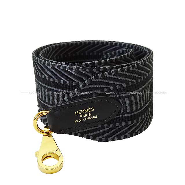 HERMES shoulder strap Bandouliere 50mm 70cm Sangles Caval Noir (Black)/Gris Misty Toile H/Veau Swift Gold HW Stamp W[ALMOST NEW][Authentic]