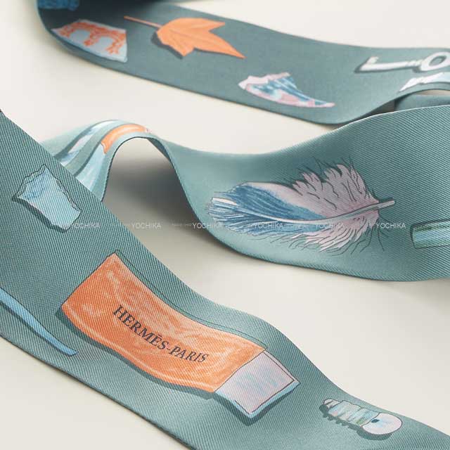 2024AW HERMES scarf Twilly in the pocket Vert De Gris/Blue Ciel/Apricot Silk100%[EXCELLENT][Authentic]