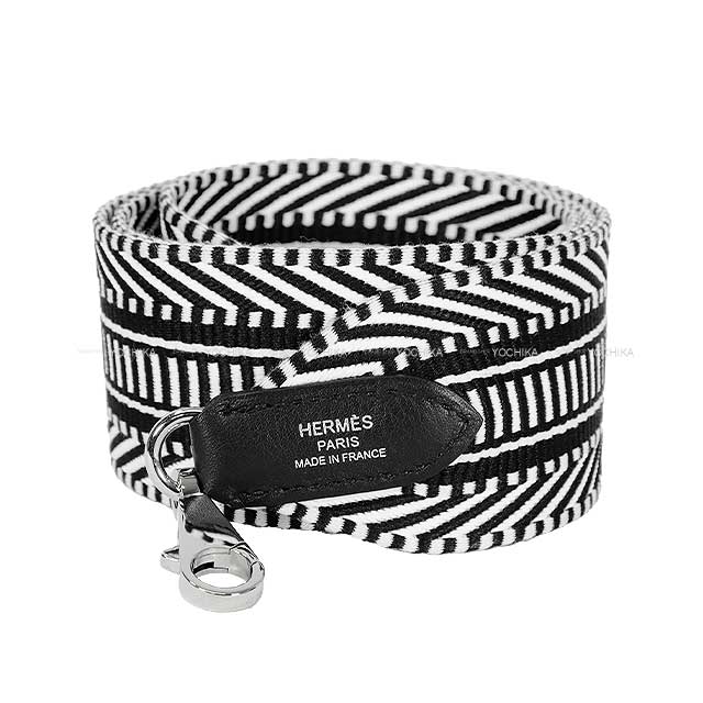HERMES shoulder strap Bandouliere 50mm 85cm Sangles Caval Noir (Black)/Blanc (White) Toile/Swift Silver HW Stamp C[EXCELLENT][Authentic]