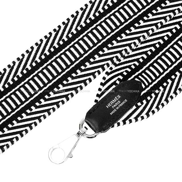 HERMES shoulder strap Bandouliere 50mm 85cm Sangles Caval Noir (Black)/Blanc (White) Toile/Swift Silver HW Stamp C[EXCELLENT][Authentic]