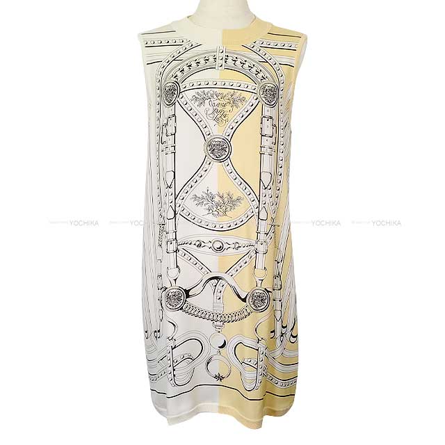 [Pre-loved] HERMES One‐piece dress Twillaine No sleeve Print Grand Tralala cut Blanc (White) #38[LIKE NEW][Authentic]