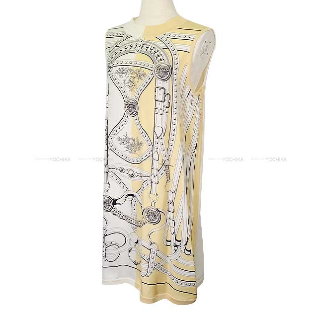 [Pre-loved] HERMES One‐piece dress Twillaine No sleeve Print Grand Tralala cut Blanc (White) #38[LIKE NEW][Authentic]