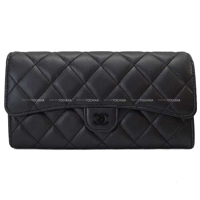 CHANEL long wallet Matelasse COCO Flap So Black Noir (Black) pearly lambskin Black HW AP0241[EXCELLENT][Authentic]