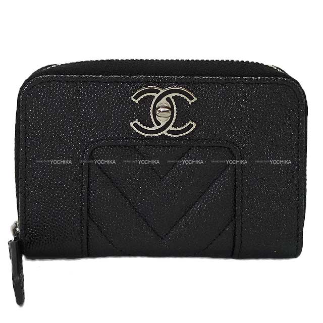 CHANEL change purse Zip Card Case COCO Mademoiselle Line Chevron Stitch Noir (Black) Graind Calf(Caviarskin) Silver HW A80968[EXCELLENT][Authentic]