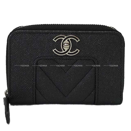 CHANEL change purse Zip Card Case COCO Mademoiselle Line Chevron Stitch Noir (Black) Graind Calf(Caviarskin) Silver HW A80968[EXCELLENT][Authentic]