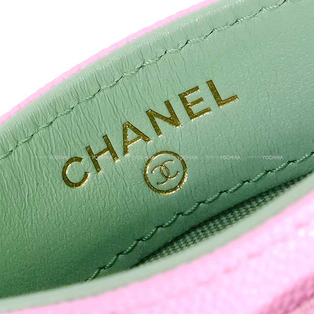 CHANEL card holder Chain COCO Matelasse Bicolor Pink/Green Graind Calf(Caviarskin) Gold HW AP3188[EXCELLENT][Authentic]