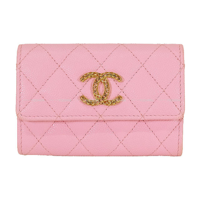 CHANEL card holder Flap Chain COCO Matelasse Bicolor Pink/Green Graind Calf(Caviarskin) Gold HW AP3049[EXCELLENT][Authentic]