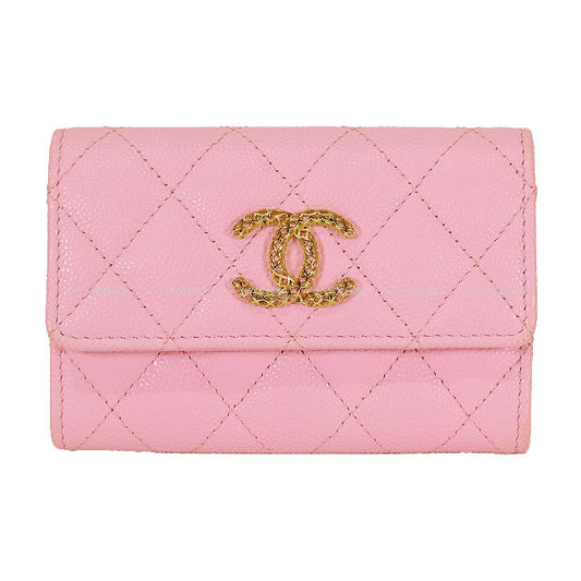 CHANEL card holder Flap Chain COCO Matelasse Bicolor Pink/Green Graind Calf(Caviarskin) Gold HW AP3049[EXCELLENT][Authentic]